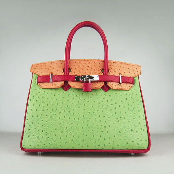 Replica Hermes Birkin 30CM Ostrich Veins Handbag Red/Orange/Green 6088 On Sale - Click Image to Close